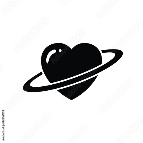 Black heart with orbital ring icon representing love and romantic concepts on white background