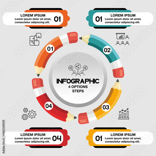 Infographic with Pencil: A visually appealing infographic features a circular design composed of four pencils with vibrant colors, complemented by minimalistic icons. 