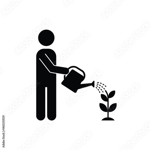 Black silhouette person watering plant with a watering can simple vector illustration on white