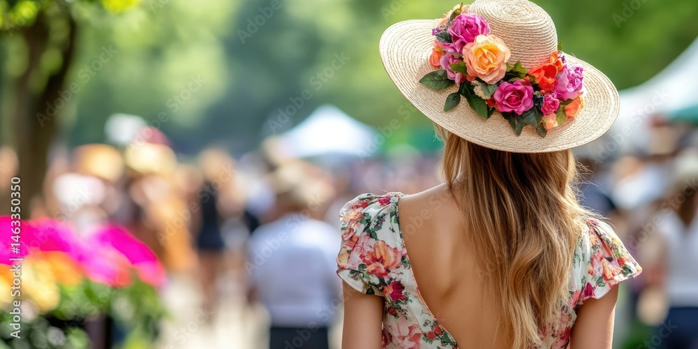 Fototapeta premium Elegant Woman in Floral Hat at Outdoor Summer Event, Crowd in Background