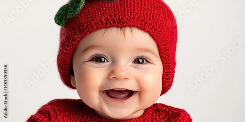 Adorable Baby in Red Knitted Apple Costume: A Portrait of Pure Joy and Innocence photo
