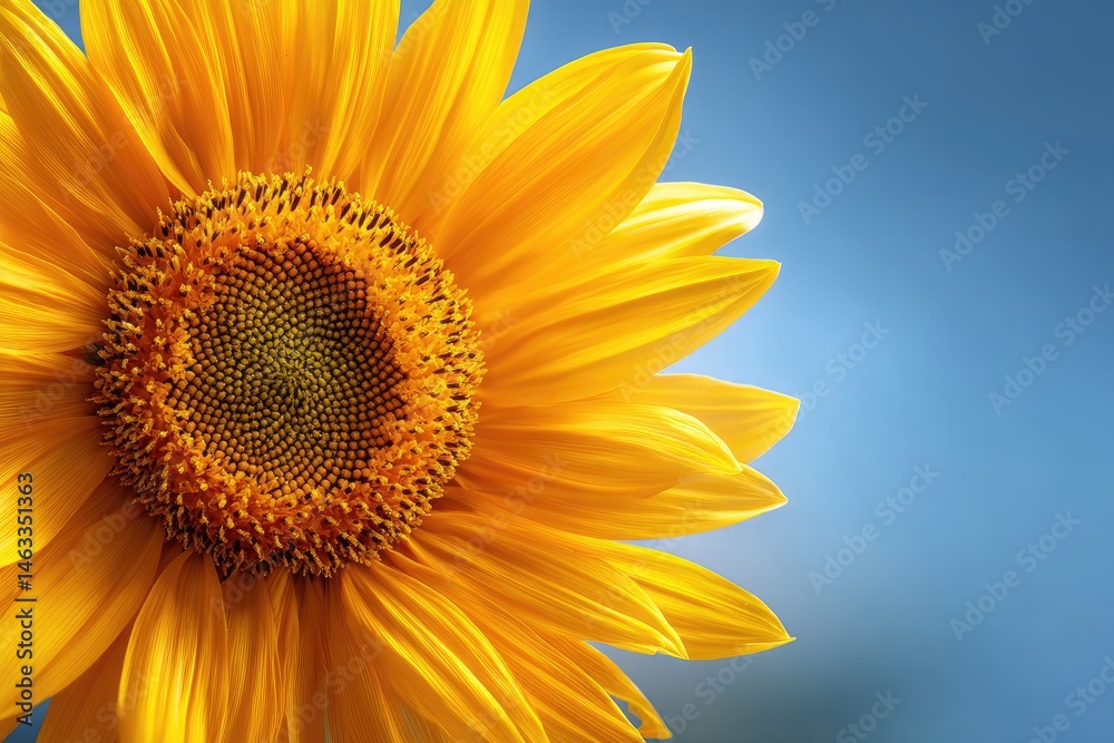 Close-up view of a vibrant sunflower against a pale blue sky. Close-up view of a vibrant sunflower against a pale blue sky.