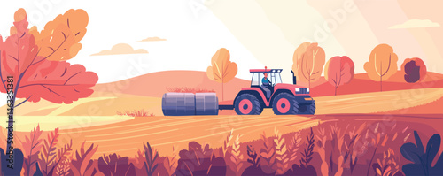 Vibrant autumn landscape with tractor and hay bales in rolling fields.