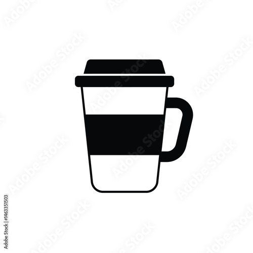 Simple black and white illustrated coffee cup with lid and handle for beverage concept