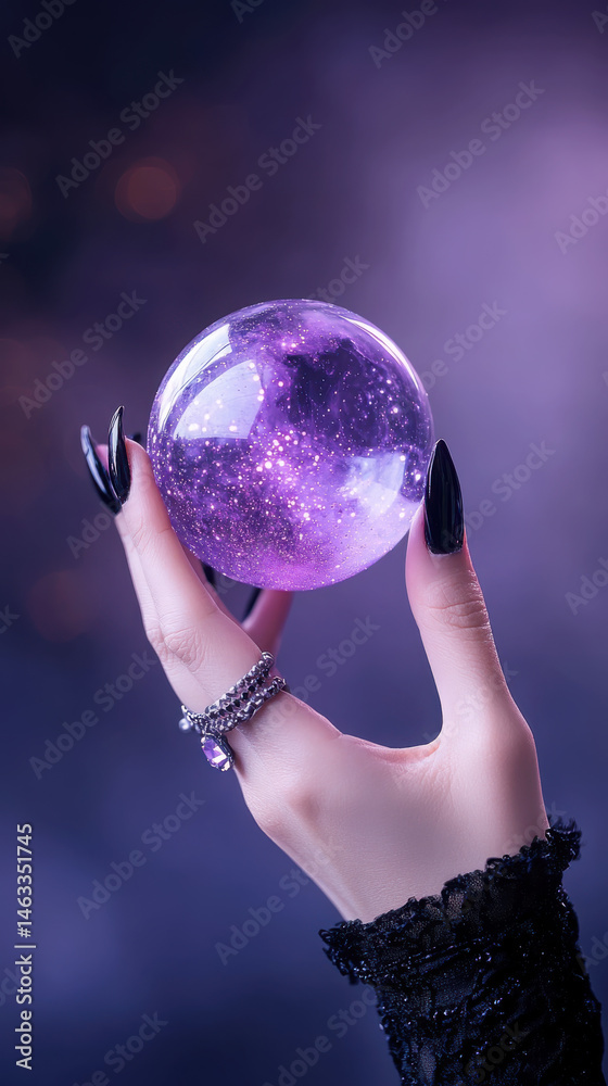 Naklejka premium Mystical witch's hand holding a glowing crystal ball against a dramatic background