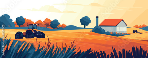 Tractor on rural farm in vibrant landscape with barn, fields, and trees at sunset.