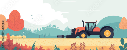 Autumn farm landscape with red tractor and colorful foliage in countryside setting.