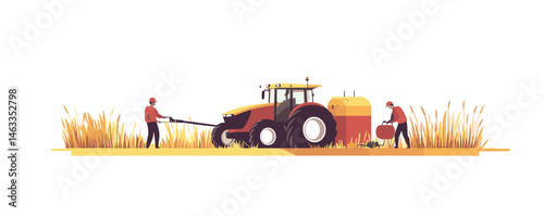 Farmers harvesting wheat with tractor in field at sunset.