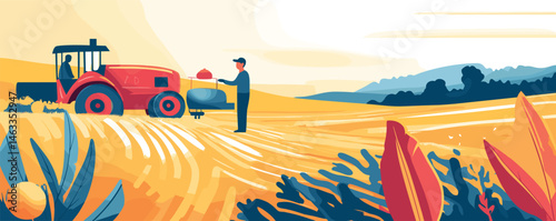 Farmer tending tractor in vibrant field during sunset with abstract landscape and plants.