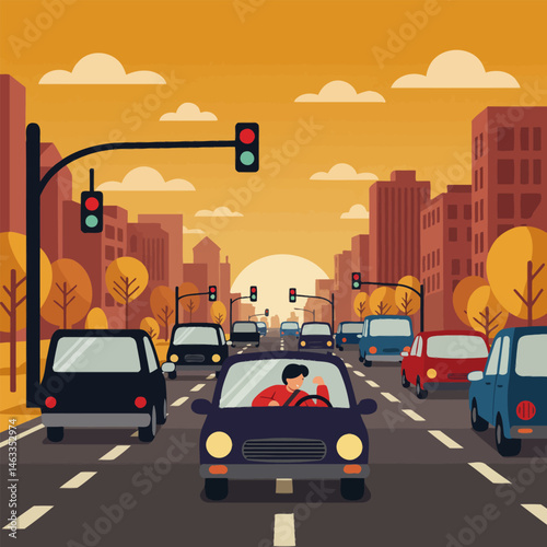 City Street Traffic at Sunset with Cars, Buildings, and Trees