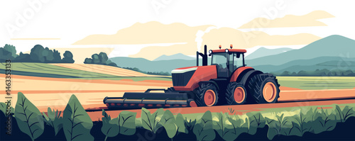 Red tractor plowing fields on sunny day with scenic mountain landscape in background.