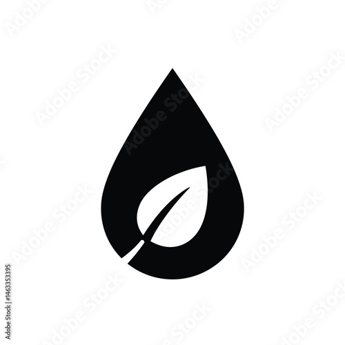 Minimalist black water drop shape with leaf for ecology and sustainability concepts