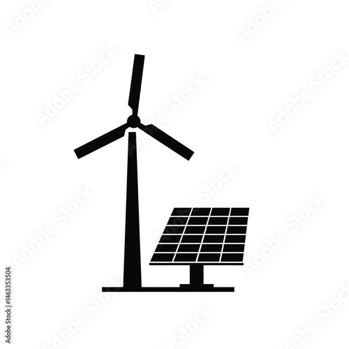 Black and white illustration of wind turbine and solar panel for energy generation
