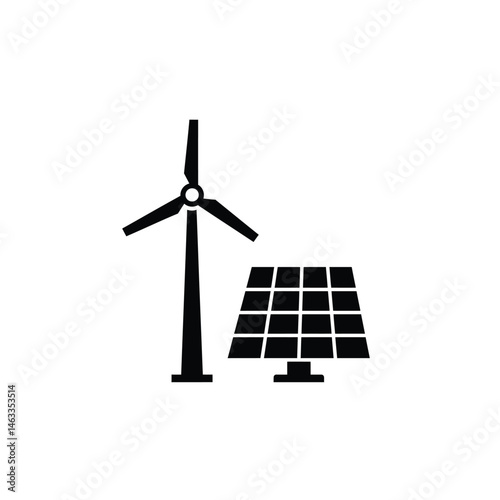 Sustainable energy sources depicted with a wind turbine and solar panel icon in black