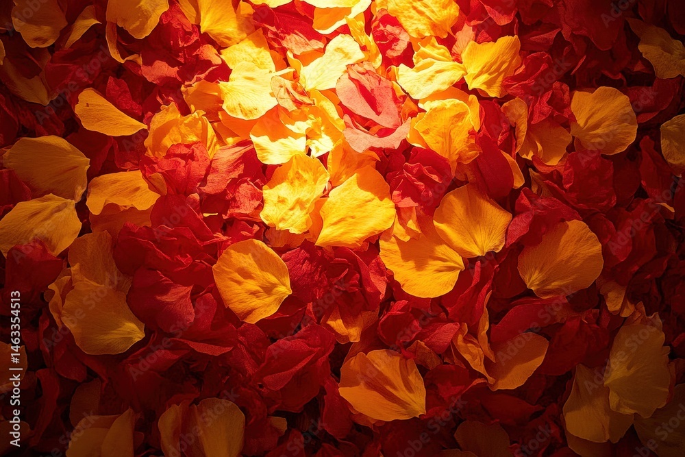 A vibrant display of red and orange flower petals. A vibrant display of red and orange flower petals.