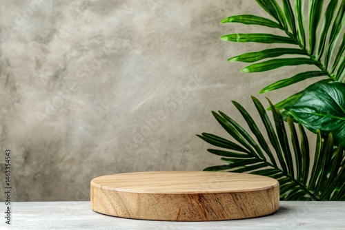 Natural Wooden Podium with Tropical Leaves Background