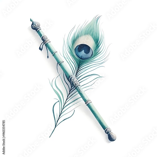 Artistic Illustration of Lord Krishna’s Divine Flute with Peacock Feather – Symbolic Watercolor Artwork Representing Spiritual Peace and Janmashtami Themes