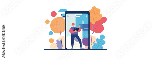 Vector art of man listening to music in autumn with smartphone and leaves.