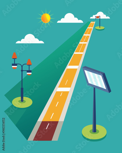 The solar panels lining the bike path not only illuminated the way but also powered charging stations for riders to charge their phones and devices.. Vector illustration