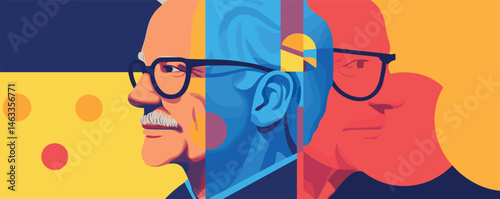 Colorful abstract portrait of elderly man with glasses in bold geometric shapes and bright colors.
