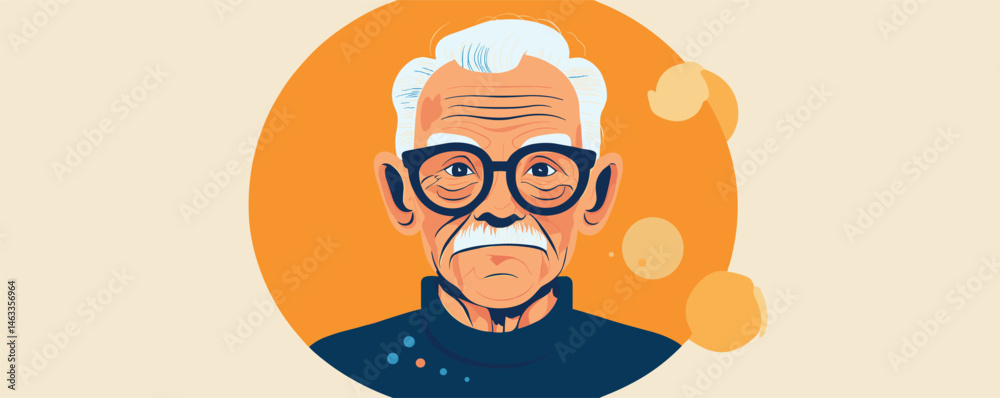 Fototapeta premium Elderly man with glasses and white hair against vibrant orange background.