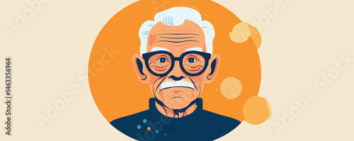 Elderly man with glasses and white hair against vibrant orange background.