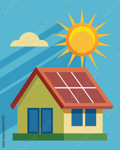 The suns rays illuminate the solar panels on the roof providing sustainable energy for the efficient home automation system within.. Vector illustration