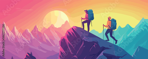 Silhouetted hikers climbing mountain at sunset with scenic views and vibrant colors.