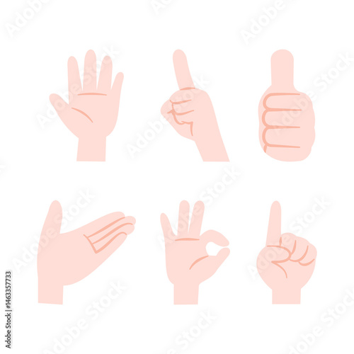 Set of cartoon hand gestures including open palm, pointing up, thumbs up, offering, okay and index finger. Vector illustration isolated on white background.