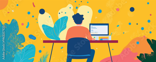 Young woman at computer desk surrounded by abstract art in vibrant creative workspace.