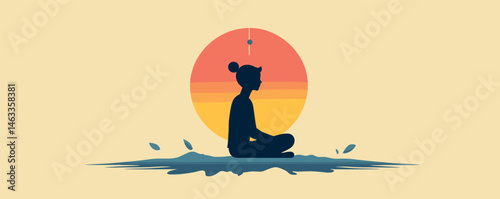 Silhouette of woman meditating by water at sunset with vibrant sky and ocean waves.