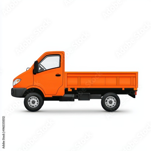 Orange small truck isolated on white background. Side view of a compact cargo truck with an open bed. Digitally rendered illustration of a delivery or utility vehicle.