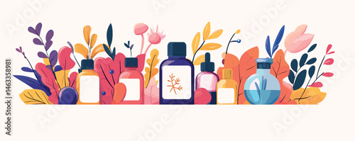 Colorful essential oil bottles amidst vibrant foliage on light background.