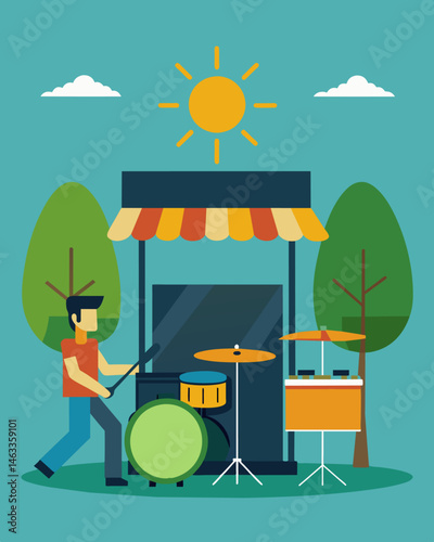 The entrance to a local market is marked by a solarpowered drum set inviting shoppers to join in on a lively and energetic shopping experience.. Vector illustration