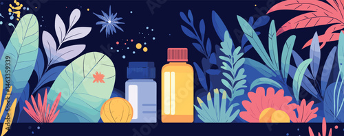 Vibrant botanical background with colorful leaves and medicine bottles on dark surface.