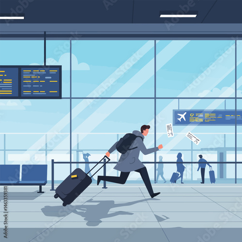 Man Running at Airport with Luggage and Dropping Flight Tickets