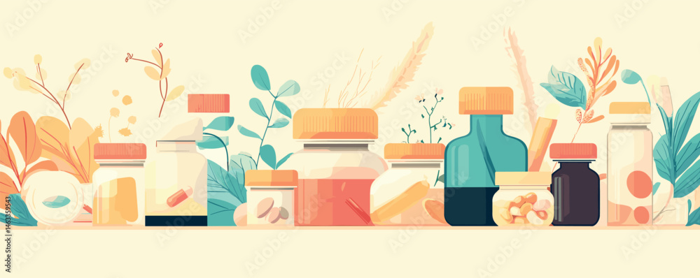 Assorted apothecary jars and bottles with herbs on pastel background. Assorted apothecary jars and bottles with herbs on pastel background.