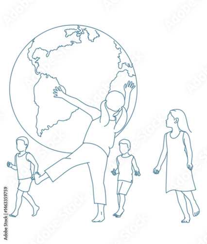  group of children running around large metal globe.