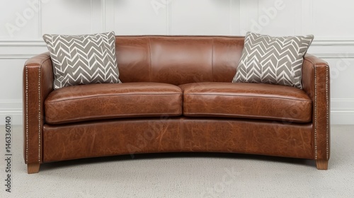 Elegant Curved Leather Sofa with Geometric Cushions