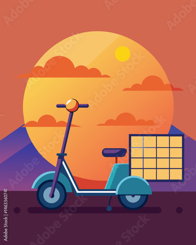 As the sun sets over the horizon a solarpowered electric scooter is still going strong thanks to the sustainable energy from the rental stations solar panels.. Vector illustration