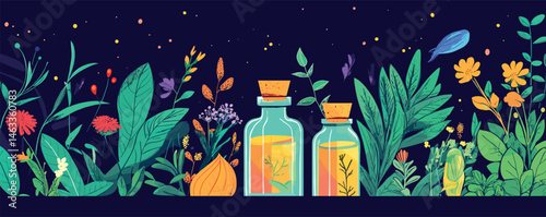 Vibrant nighttime garden with colorful leaves and two herb bottles under a starry sky.