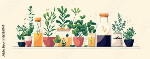 Indoor herb garden with various plants in decorative pots on shelf.