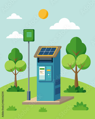 The newly installed solarpowered ATM in the park provided convenience for joggers and picnickers.. Vector illustration