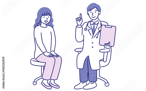 男性の医師から診察を受ける女性のシンプルでポップなベクターイラスト
