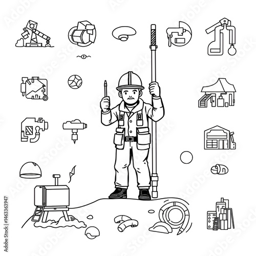 hydrogeologist industrial doodle icons set vector. sketch line art geology industry, pipe drill, man engineering mining, geologist oil, team, data hydrogeologist industrial color illustrations photo