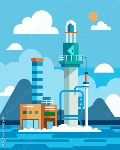 Standing tall against the ocean backdrop a desalination plant powered entirely by renewable energy converts seawater into pure drinkable water.. Vector illustration