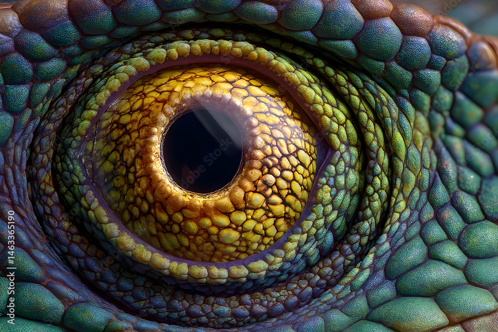 Obraz premium Close-up view of a chameleon's eye and scales.