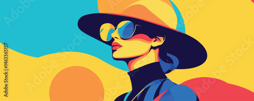 Stylish woman in hat and sunglasses in vibrant pop art style portrait