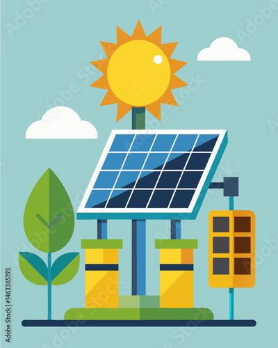 The solar panels on the rig provide a steady stream of energy reducing the rigs dependence on fossil fuels and decreasing its environmental impact.. Vector illustration