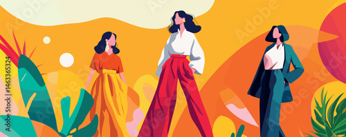 Colorful abstract art of women in fashionable outfits amidst vibrant geometric background.